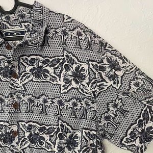 Vintage OP Hawaiian Print Button Down Shirt - Dark Blue Print on White (Large)